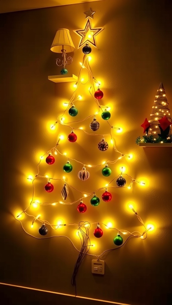 DIY Wall Christmas Tree Decoration A wall Christmas tree made of lights and ornaments in a cozy living room.